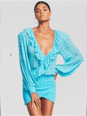 Retrofete Lennon Embellished Silk Blue Ruffled V-Neck Mini Dress